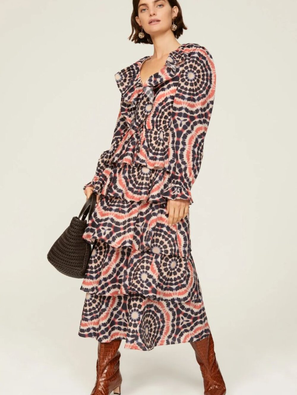 MARIE OLIVER Blythe Midi‎ Dress in Mandala Tie-Dye maxi Flowy tiered ruffles V